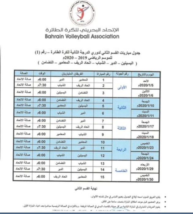 5 يناير..موعداً لانطلاق القسم الثاني لدوري ثانية الطائرة