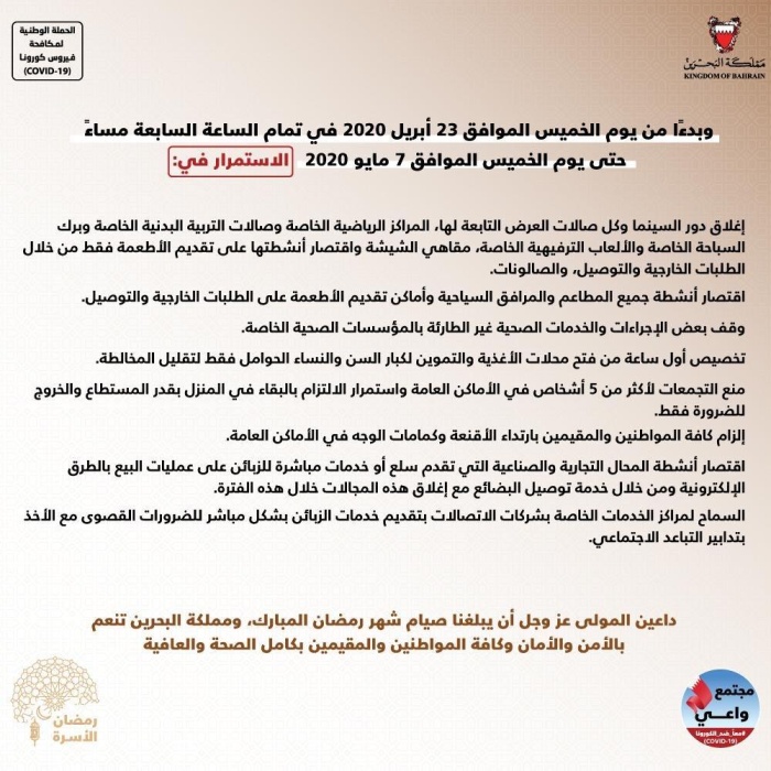 "التنسيقية" تقرر إجراءات جديدة لمواجهة كورونا في البحرين خلال رمضان