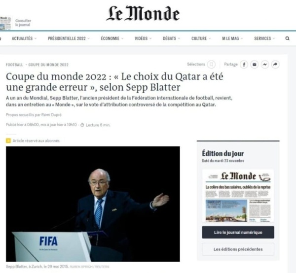 الاموال تؤثر على القرارات.. بلاتر يعتبر استضافة قطر للمونديال "خطأ فادحا"