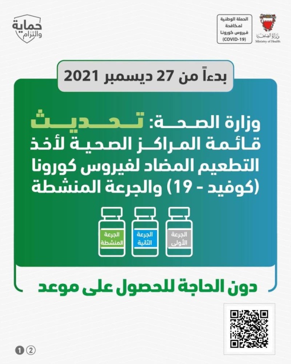 بدءاً من غدٍ.. "الصحة": تحديث قائمة المراكز الصحية لأخذ التطعيم "كورونا" و"المنشطة" دون موعد