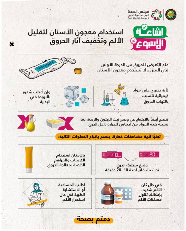 «الصحة الخليجي» يحذر من استخدام معجون الاسنان وزيت الزيتون والزبدة على الحروق