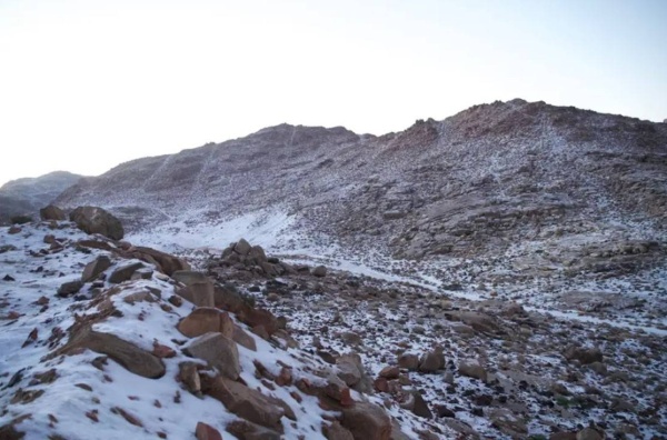 لقطات بديعة.. الثلوج تغطي جبل اللوز شمال السعودية