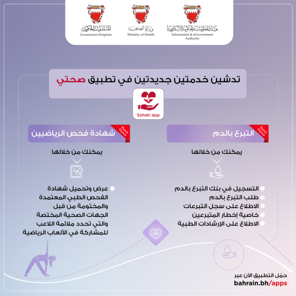 "الحكومة الإلكترونية" تعلن عن تدشين خدمتي "التبرع بالدم" و"شهادة فحص الرياضيين" عبر تطبيق صحتي