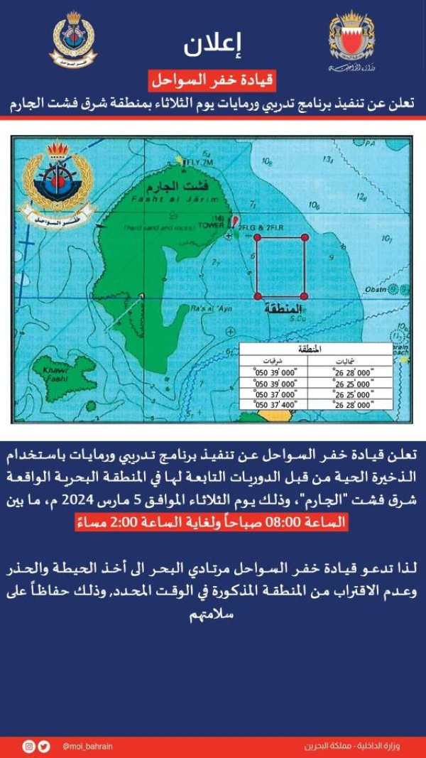 الثلاثاء.. &laquo;خفر السواحل&raquo; نفيذ برنامج تدريبي ورمايات بـ شرق &laquo;فشت الجارم&raquo;