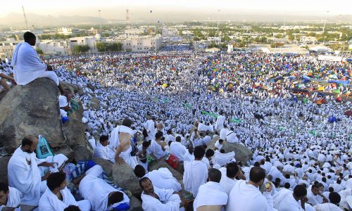 جموع حجاج بيت الله يؤدون صلاتي الظهر والعصر في مشعر عرفات