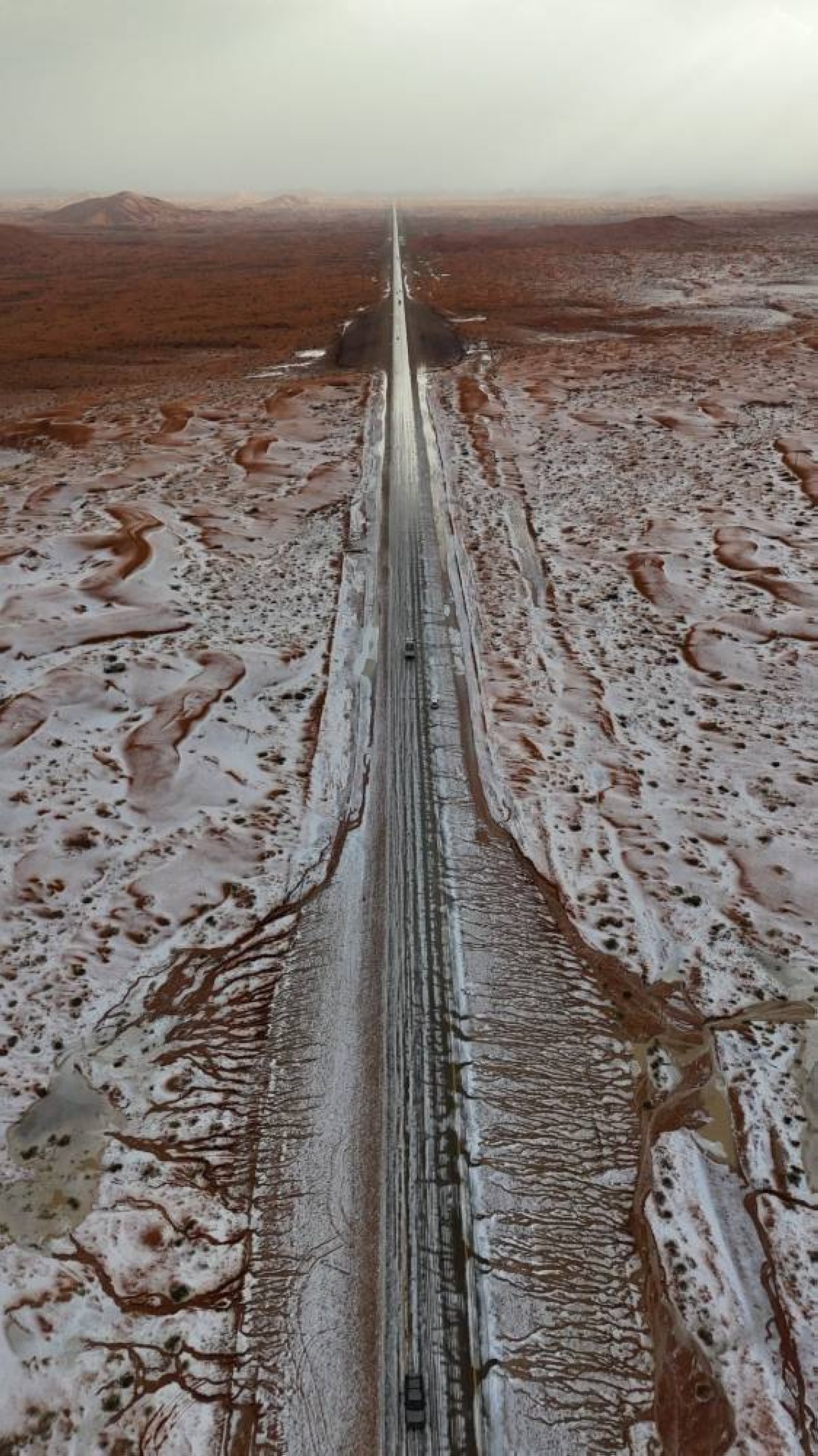 السعودية.. منطقة حائل الصحراوية تتلون بالبياض في مشهد فريد ونادر