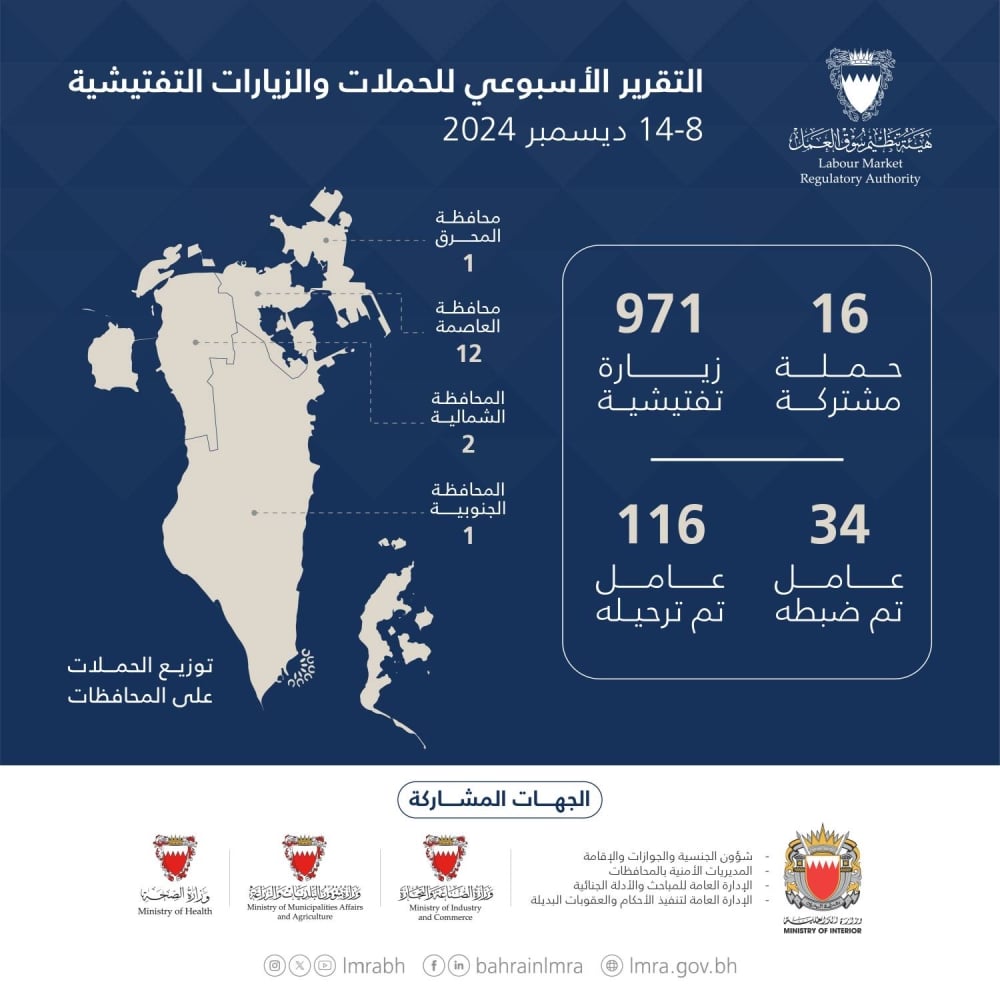 هيئة تنظيم سوق العمل: 987 حملة وزيارة تفتيشية.. وترحيل 116 مخالفًا خلال أسبوع