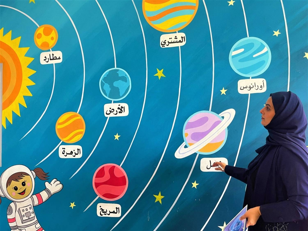 المعلمة شيماء مراد تزيّن مدرسة أم كلثوم بـ 82 جدارية وطنية وتربوية