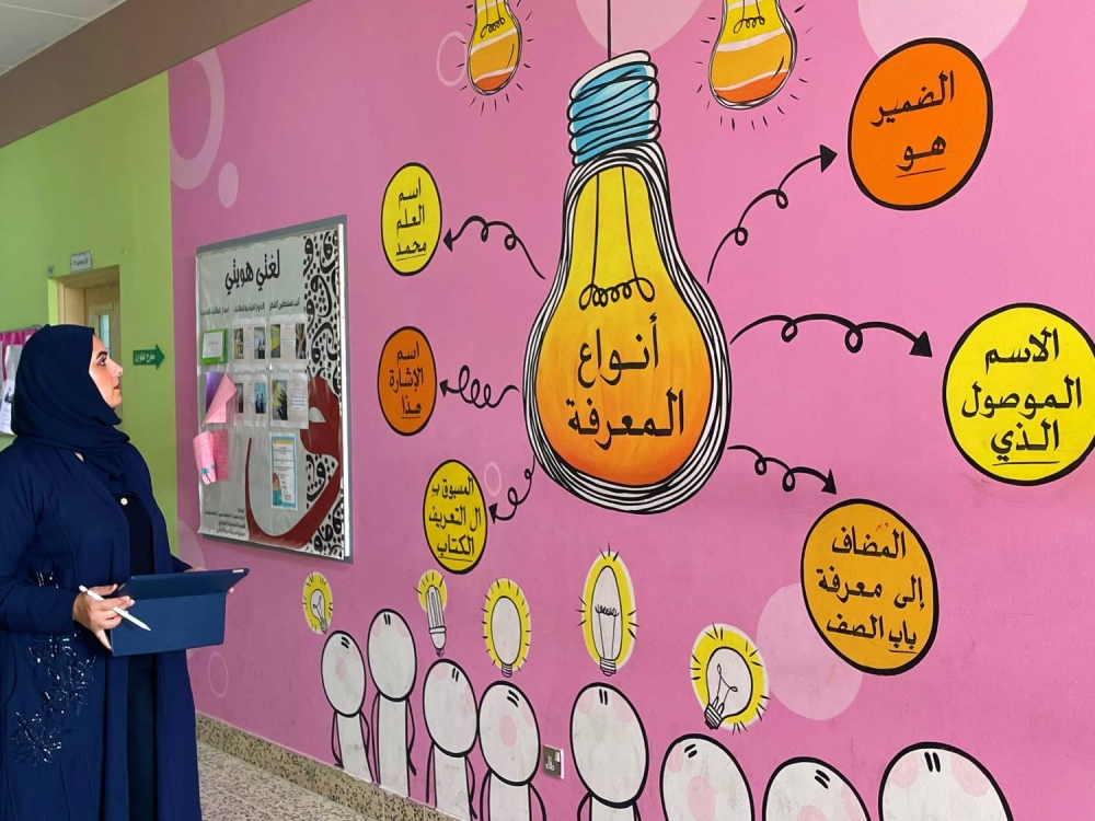 المعلمة شيماء مراد تزيّن مدرسة أم كلثوم بـ 82 جدارية وطنية وتربوية