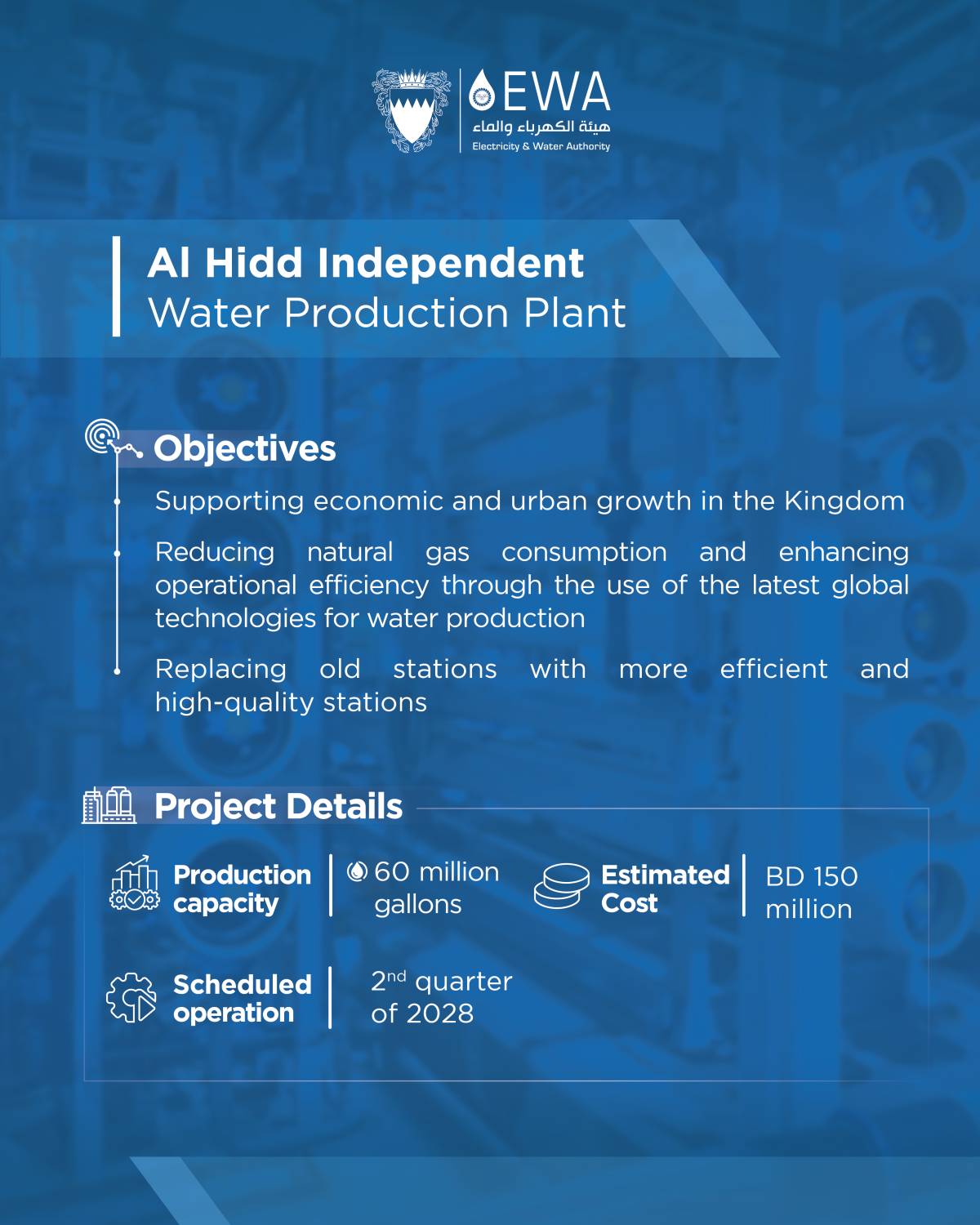 رئيس هيئة الكهرباء والماء: طرح مناقصة دولية لتطوير وتنفيذ مشروع إنشاء محطة الحد المستقلة لإنتاج المياه بقدرة 60 مليون جالون يومياً