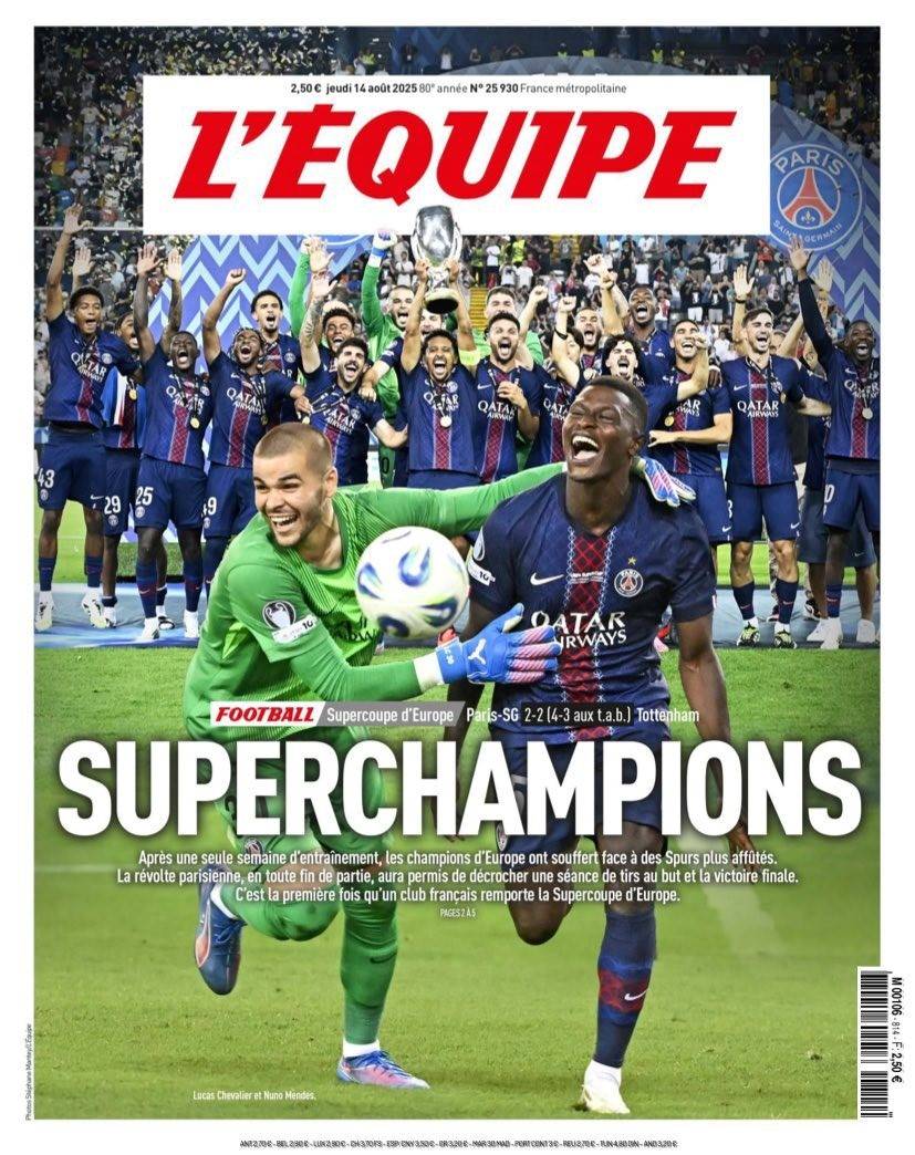 صحف العالم تحتفي بتتويج باريس سان جيرمان بالسوبر الأوروبي أمام توتنهام.. صور