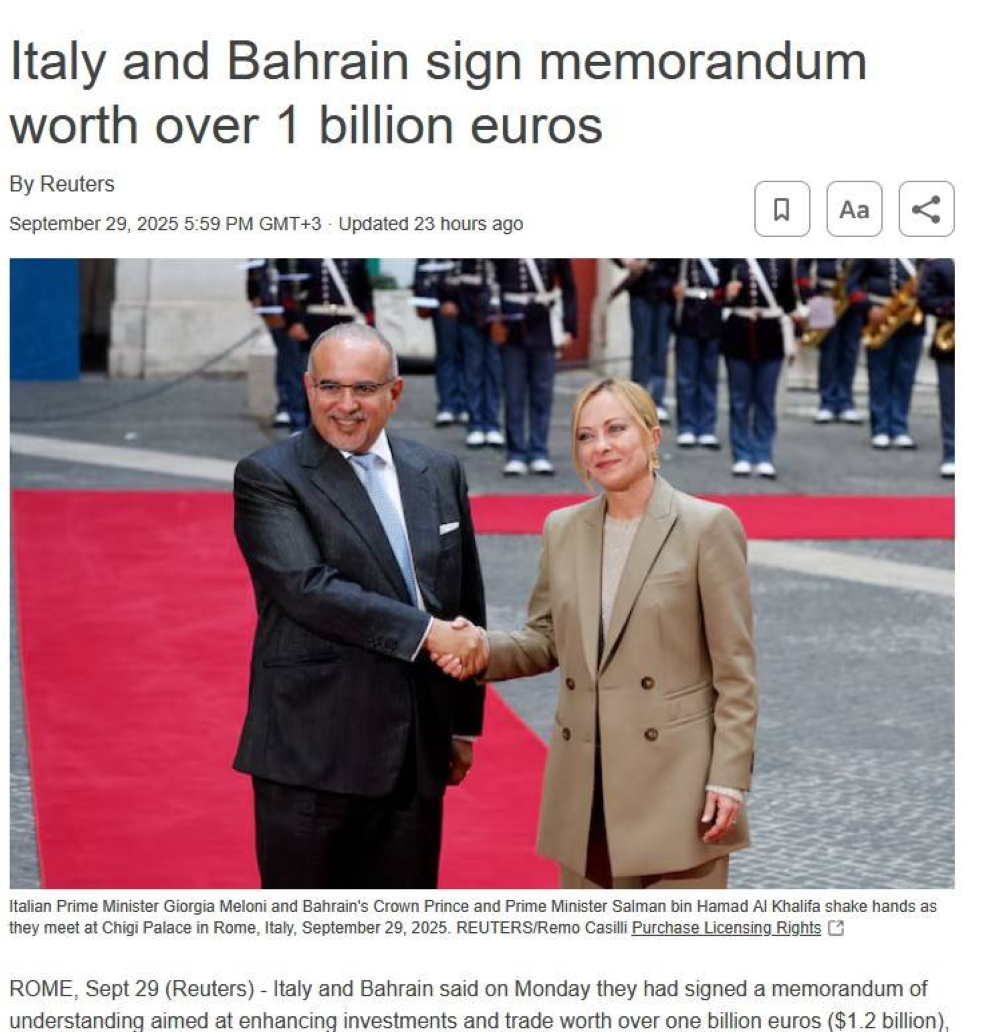 نواب واقتصاديون: تعكس مكانة البحرين الدولية المتنامية الإعلام الإيطالي والدولي يبرز زيارة ولي العهد رئيس الوزراء إلى روما