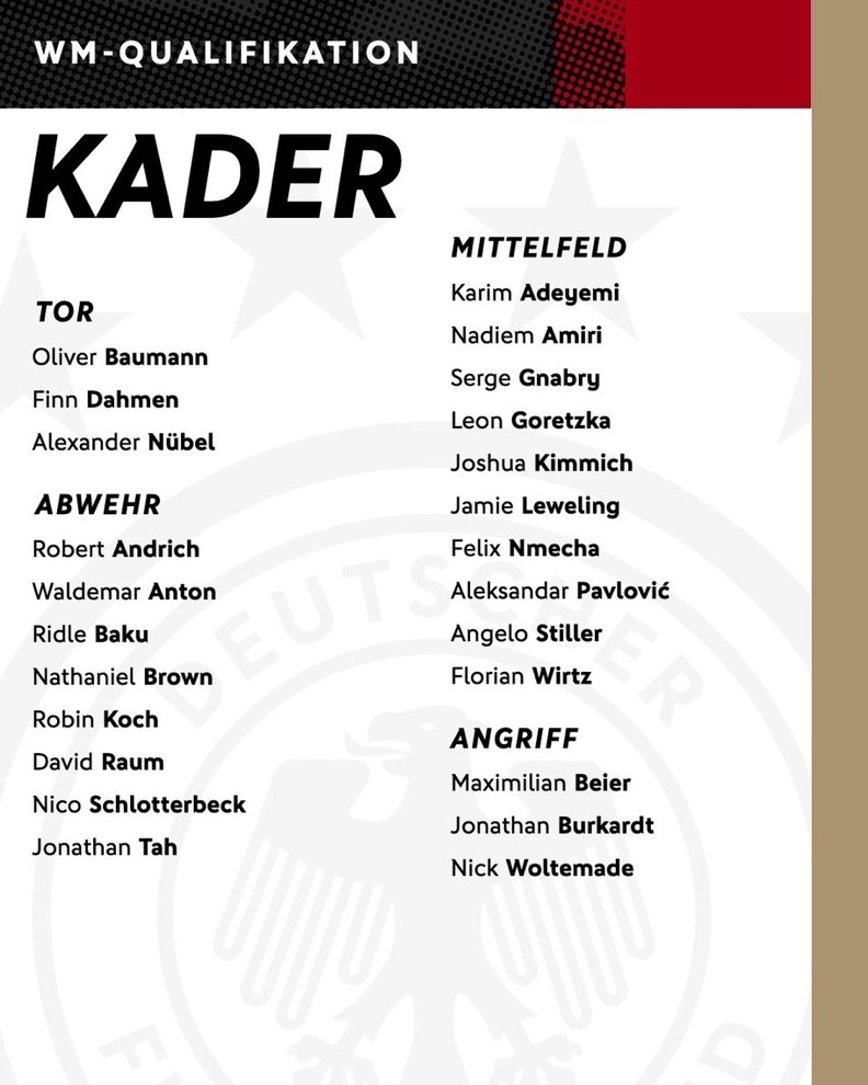 قائمة منتخب ألمانيا لمواجهتي لوكسمبرج وأيرلندا الشمالية في تصفيات المونديال