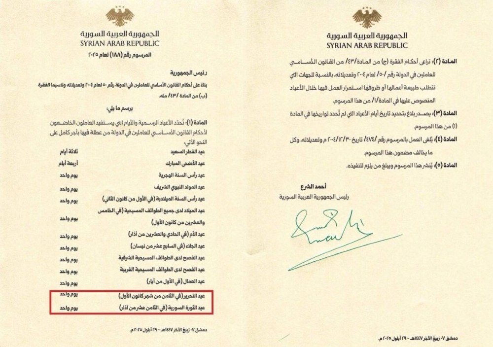 مرسوم رئاسي يقضي بتحديد الأعياد الرسمية في سوريا