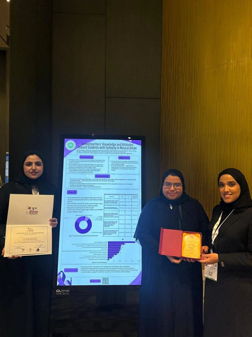 فريق بحثي من كلية الطب بجامعة الخليج العربي يفوز بالمركز الرابع ضمن أفضل خمسة ملصقات علمية شاركت في مؤتمر طب الأعصاب الخامس