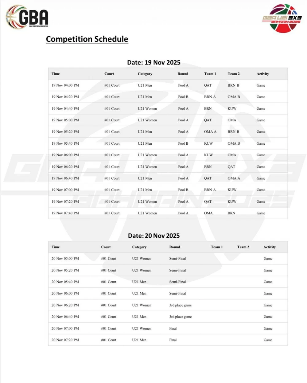 إصدار جدول بطولة الخليج لكرة السلة 3x3 تحت 21 عامًا