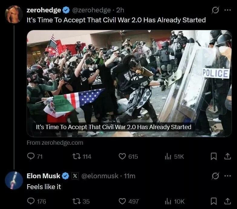 ماسك: الولايات المتحدة تشهد بدايات حرب أهلية جديدة (صورة)