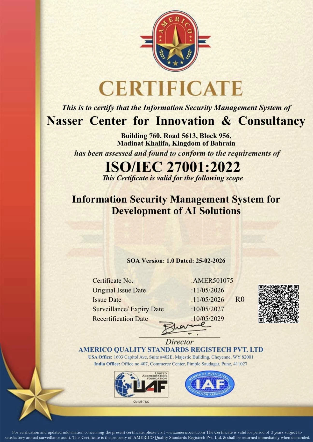البحرين – “الناصر العلمي والتقني” تحصل على معيار الجودة “ISO/IEC 27001:2022” في أمن المعلومات البحرين – “الناصر العلمي والتقني” تحصل على معيار الجودة “ISO/IEC 27001:2022” في أمن المعلومات