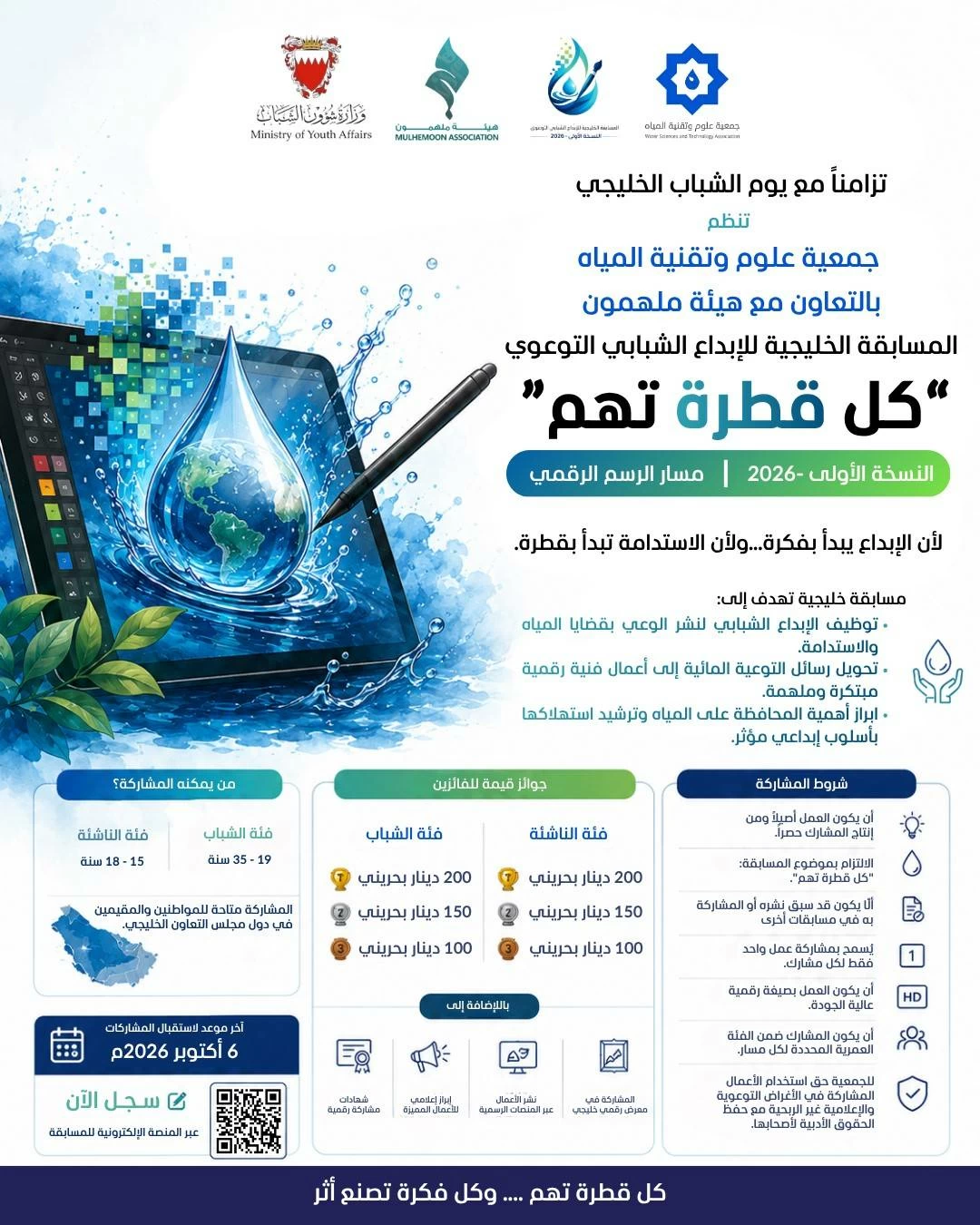 جمعية علوم وتقنية المياه الخليجية تطلق مسابقة نوعية للرسم الرقمي بالشراكة مع هيئة ملهمون الشبابية 